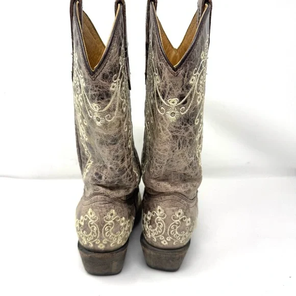 Corral Crater Brown Leather Embroidered Snip Toe Cowgirl Boots Teen Women Sz 5 - Picture 4 of 7